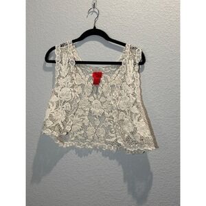 V Cristina Cream Lace Crop Top L Boho Crochet Tank Floral Festival Cottagecore
